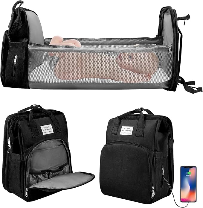 Backpack with Changing Bags for Bed, Large Capacity Nappy Bag with Changing Mat, Backpack for Baby Bed, Travel Bag with Foldable Bed and Sun Visor (Black)