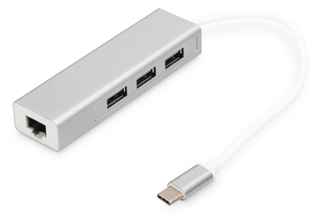 DIGITUS USB 3.0 Typ C 3-Port Hub mit Gigabit Ethernet Adapter, 3x USB A, 1x RJ45 LAN, Silber