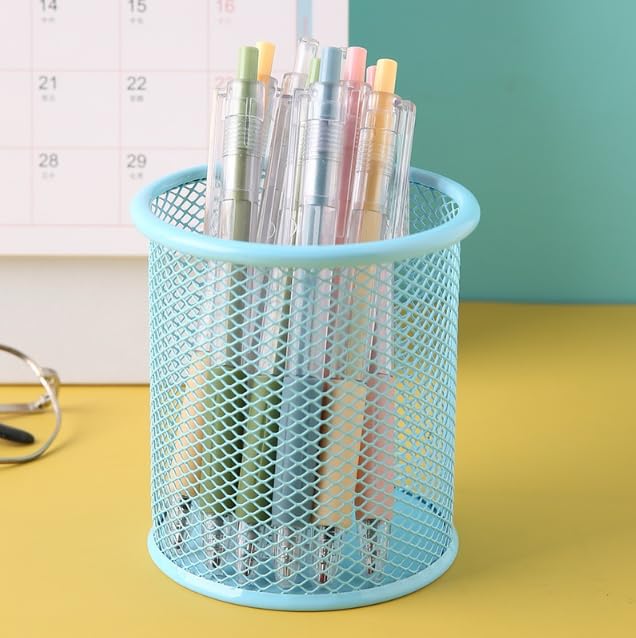 ASEANAO Pen Holder Mesh Pencil Holder Metal Pen Holder Cup Pencil Cup Holder for Desk Office Pen Organizer (Round Light Blue)