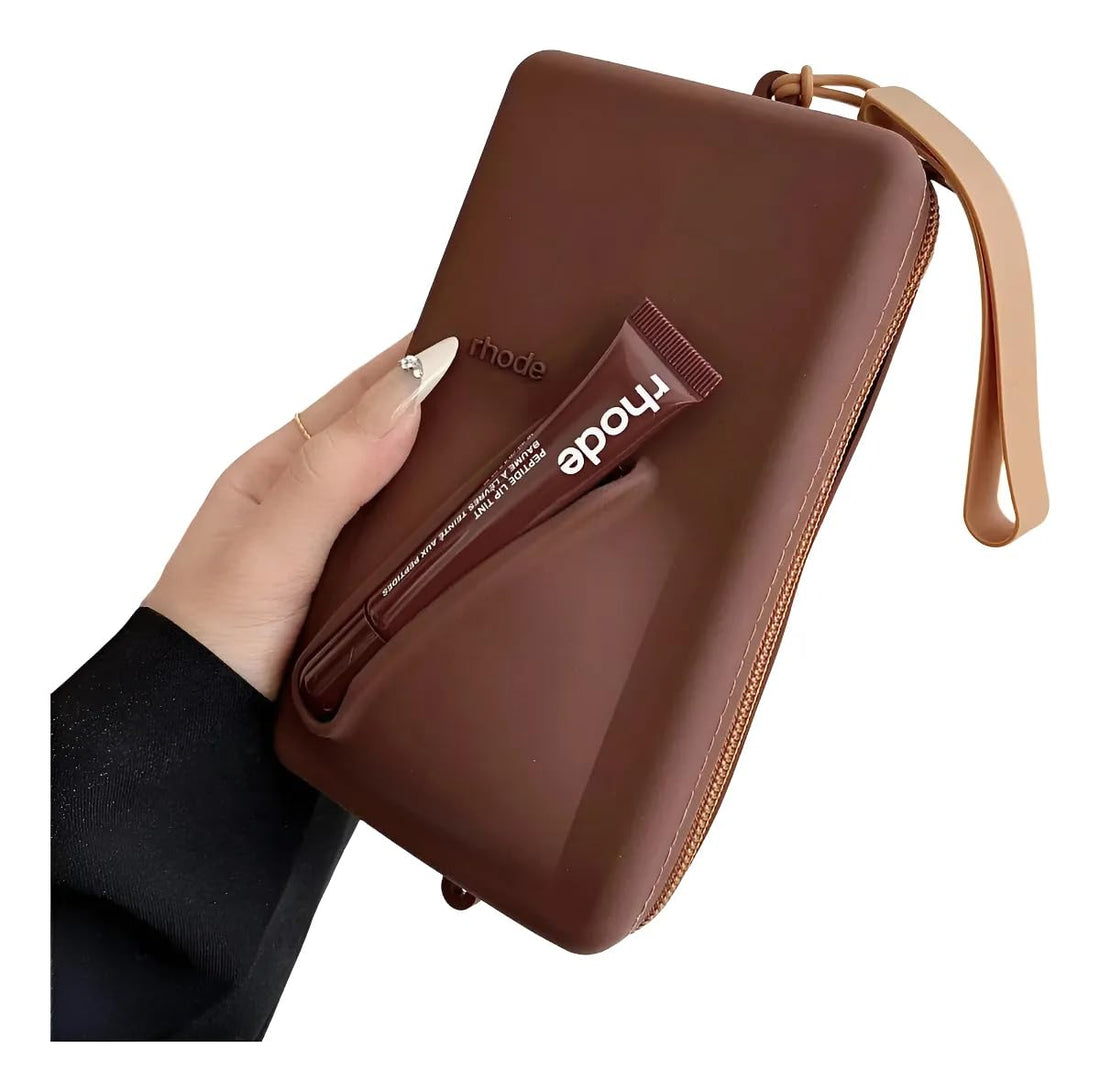 Rhode Pouch Bag with Adjustable Strap & Lip Gloss – Stylish Mini Cosmetic Bag for Makeup, Travel, and Daily Essentials (Espresso)