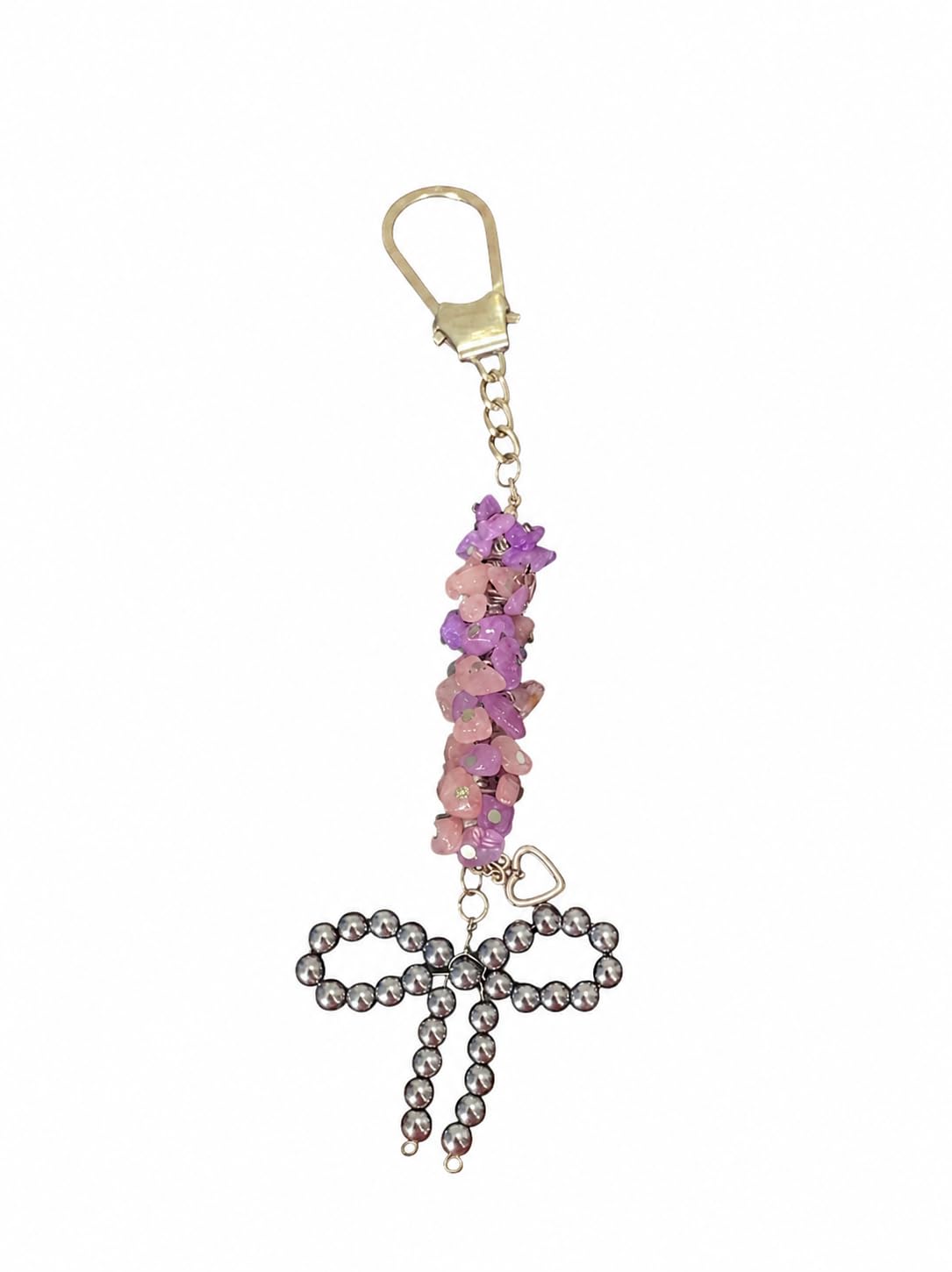 Silver Hematite and Fracture Stone Keychain Bag - Mauve and Pink with Pearl Bow and Silver Heart