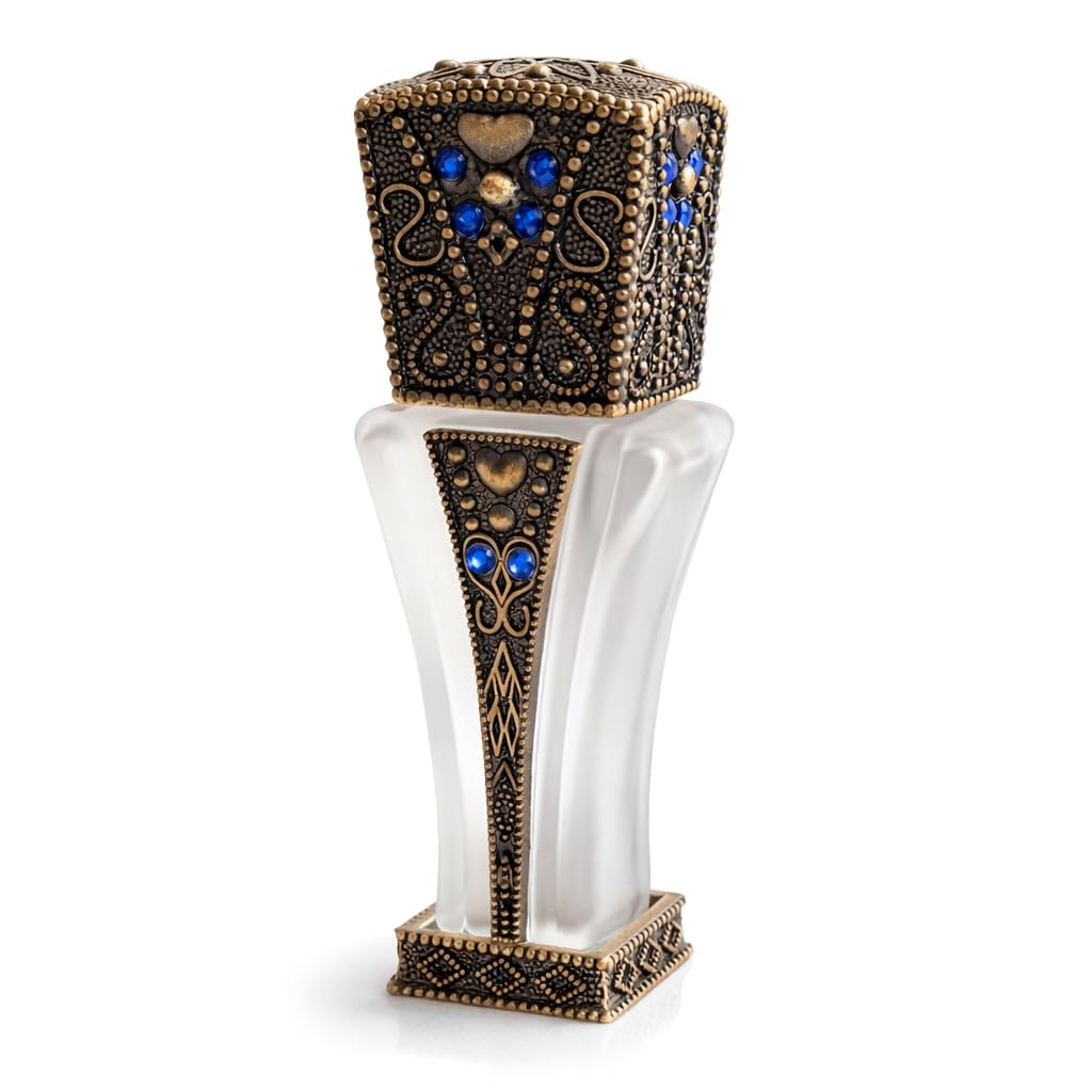 Decorative Metal Body & Glass Heart Reusable Empty Perfume Bottles - Antique Finish Embossing & Inlay - Smooth Silk Inner Rod - for Essential Oils, Perfect for Travel, Gifts, Decoration (S-03)