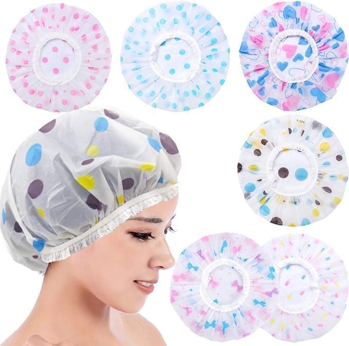 4 Pcs Shower Caps for Women – Waterproof and Reusable Bath Caps with Elastic Band – Large Plastic Hair Cover for Long Hair, Eco-Friendly, Comfortable & Durable (Random Colors)