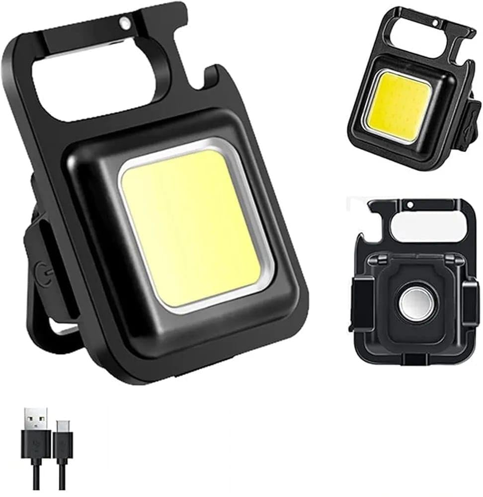 Mini COB LED Keychain Work Light, USB Type-C Rechargeable, with Carabiner, Magnetic Base, Bottle Opener, Folding Bracket