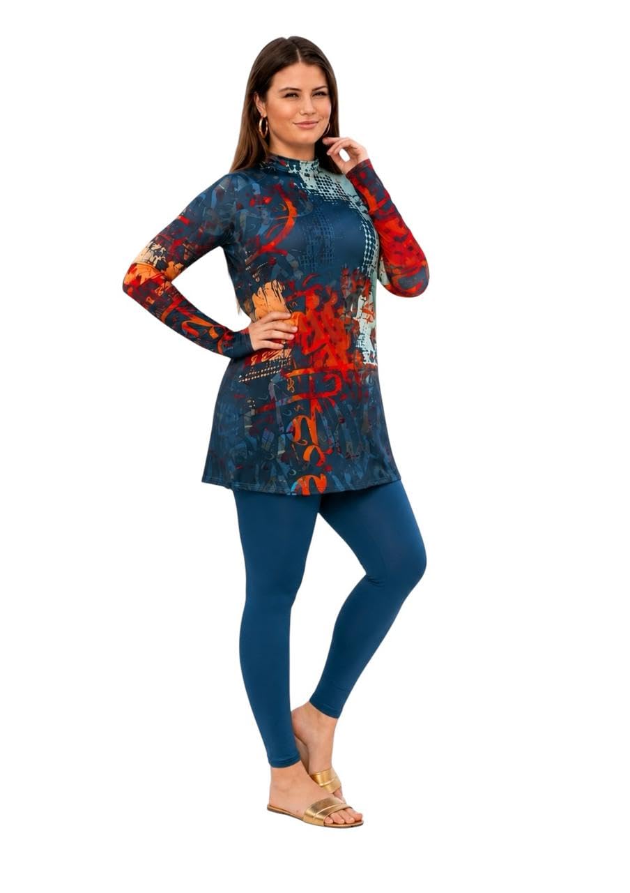 Women's 3 Piece Burkini Swimsuit Long Sleeve Tunic with Legging and Bonnet Quick Dry Stretch Fabric Fashion Graphic Print Swimwear for Beach and Basin