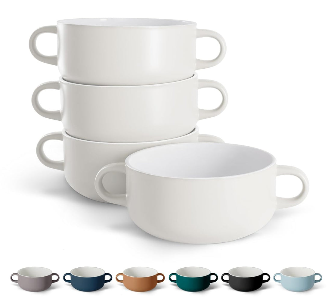 Kook Soup Crocks, Ceramic Bowls, Broil, Oven, Microwave and Dishwasher Safe, with Handles, For Casserole, Pasta, Cereal, 18 oz, Set of 4 (Coconut White)