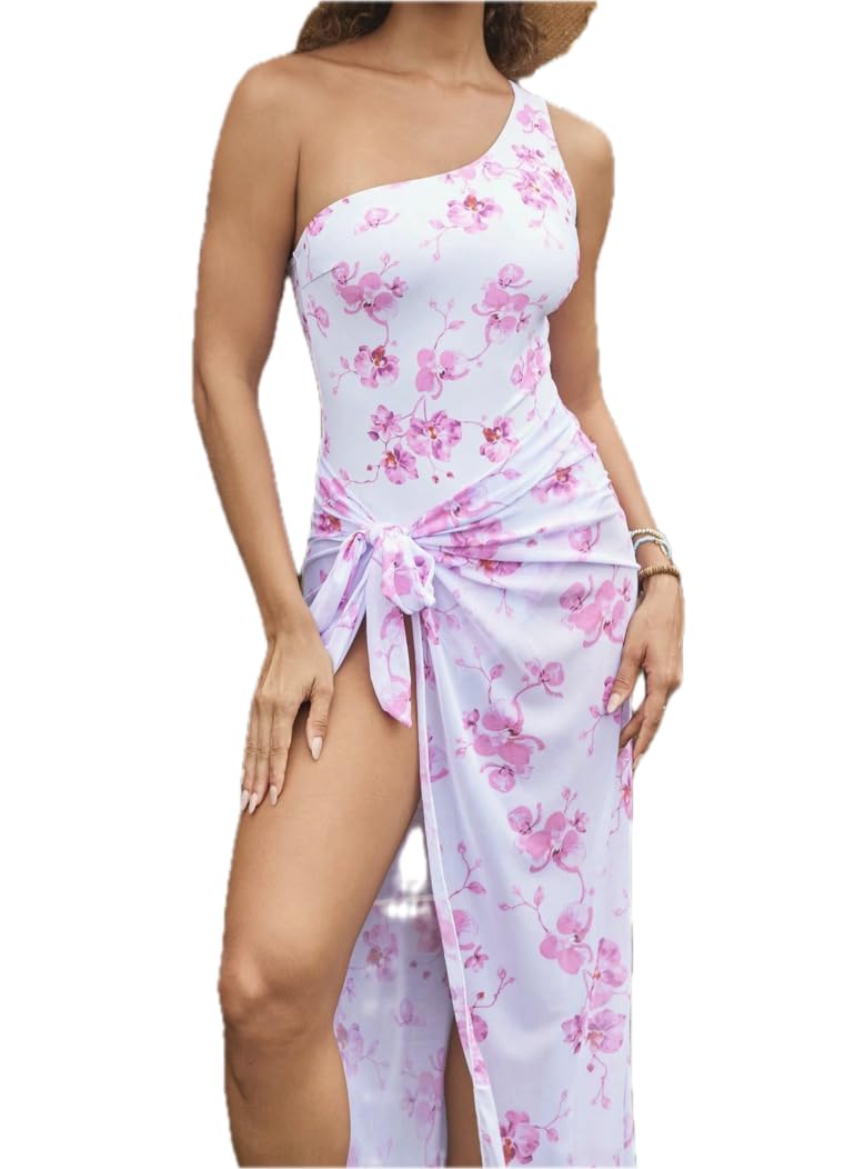 Women's One-Piece Swimsuit with Cover-Up Skirt, Floral Print, One Shoulder Design, High Stretch, White and Pink