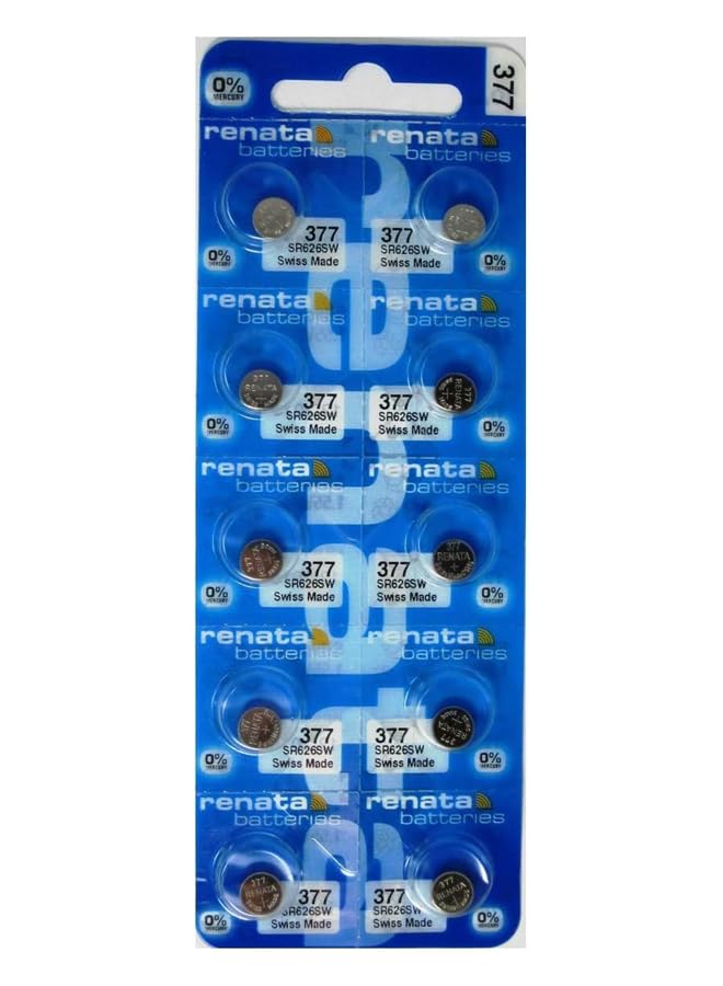 RENATA WRIST WATCH BATTERY - Swiss made, button cell 1.55V, Renata long life, strap (10 pieces) 377-3, SR626SW