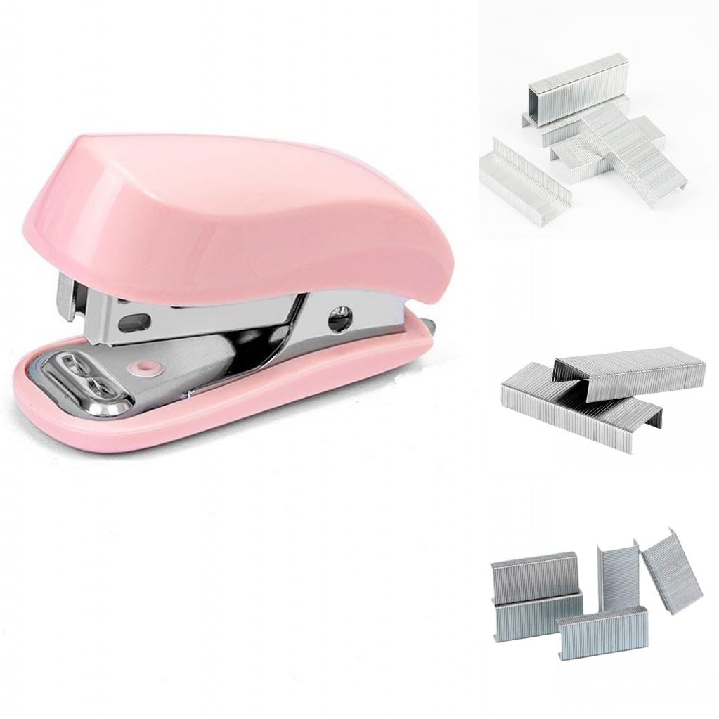 Knamoda Pink Color Mini Stapler with Staples,Small Cute Stapler for Desk,Gift for Student or Office Use (Pink)