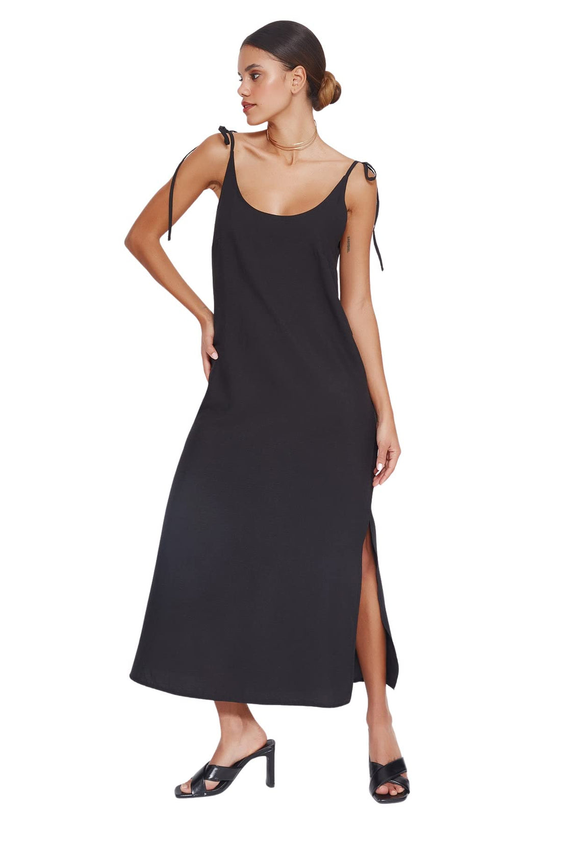 Trendyol Women Black Straight Cut Slit Strappy Maxi Woven Dress TWOSS23EL00413 Dress (pack of 1)