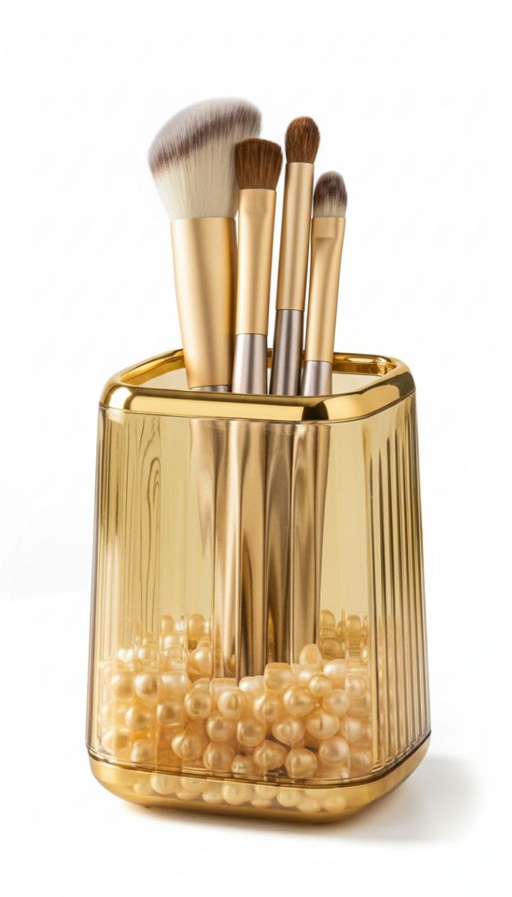 Luxury Makeup Brush Organizer, Acrylic Makeup Brush Holder High Quality Ribbed Shiny Edges (Gold)