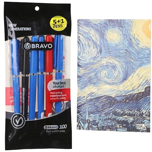 Bravo Stationery Bundle: 100 Ballpoint Pen 6-Pack + A5 Sketchbook Starry Night
