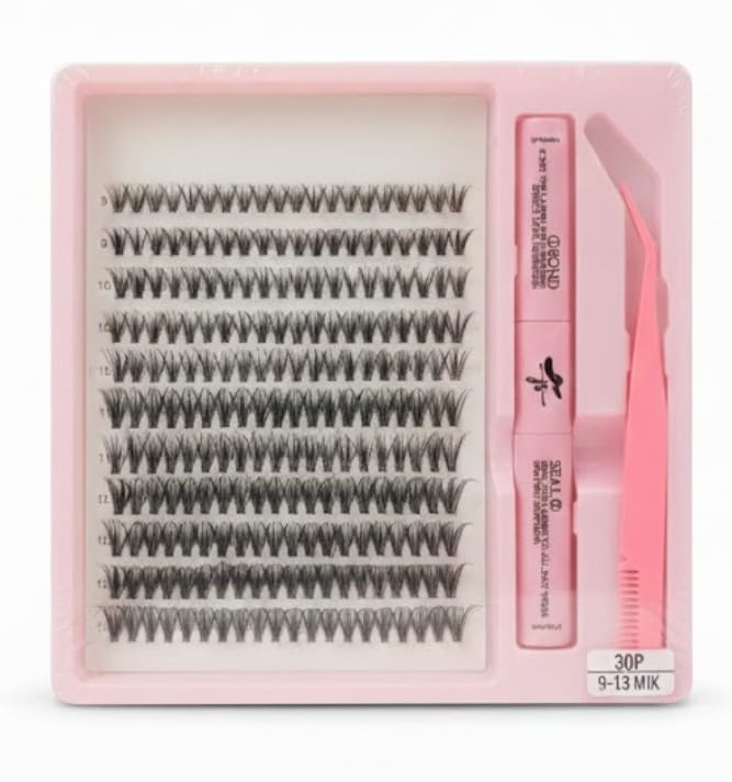 DIY Lash Extension Kit, Individual Lashes with Lash Glue Bond and Seal, 200 Cluster Lashes 9-13-mm-30P Natural Look Lash Clusters False Eyelash Extension Kit (mix)