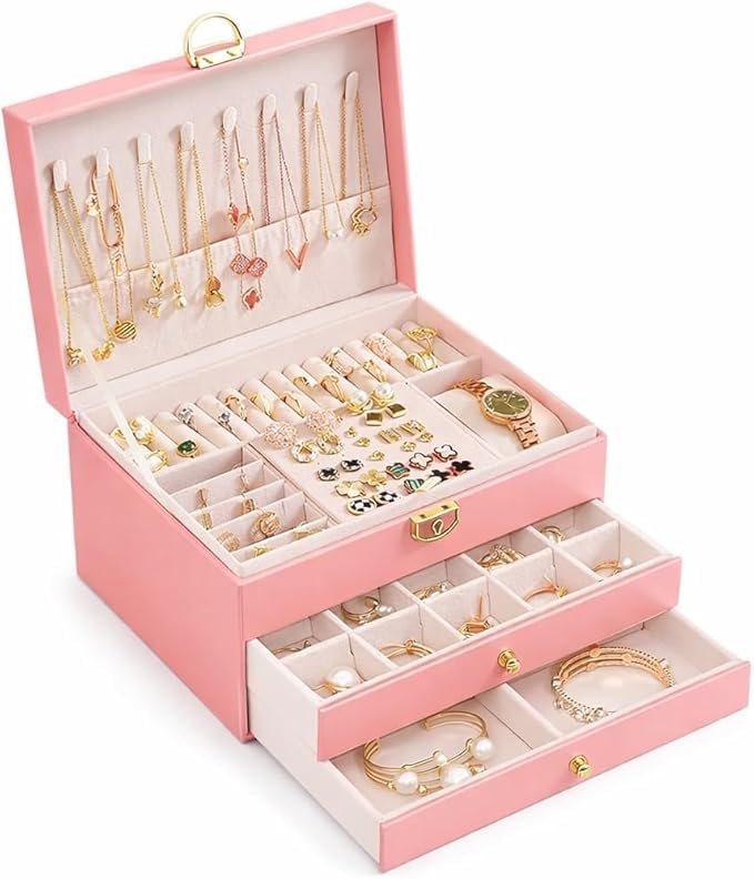 Jewelry Box Organizer, 3-Layer Lockable Travel Case with Compartments for Earrings, Rings, Bracelets, Watches, Accessories Storage for Women and Girls, X-559 (Pink)