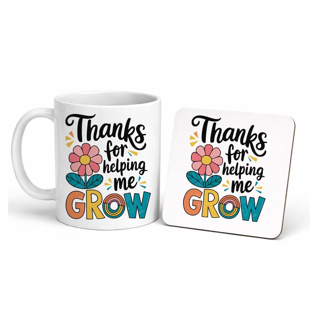 مج قهوة سيراميك مع كوستر خشبي 6 مم هدية للمعلم والمعلمة – Ceramic Coffee Mug with 6mm Wooden Coaster | Teacher Appreciation Thank You Gift for School Educators (Thanks For Helping me grow)