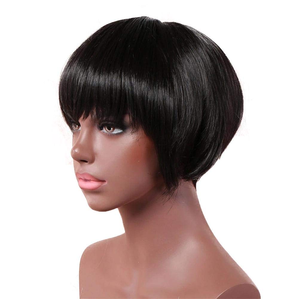 ECIF 9.8Inch Realistic Natural High Temperature Silk Chemical Fiber Oblique Bangs Short Curly Hair Wig Black Rose Net Head Cover Wig Heat Resistant Synthetic Lady