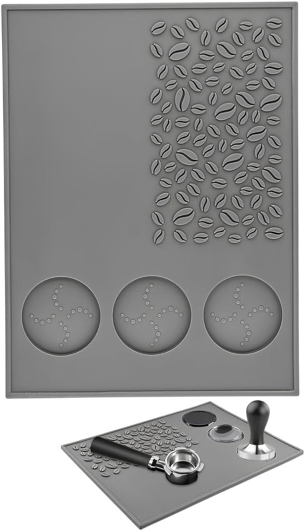 Premium Silicone Bar Mat with Coffee Bean Pattern – Grey Color, 32×24 cm, Featuring 3 Dedicated Spots for Coffee Tools for Professional and Organized Brewing
