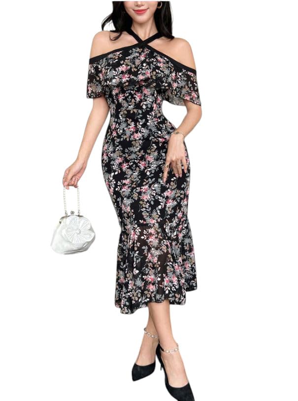Floral Cold Shoulder Midi Lingerie Dress, Black with Pink Flowers, Ruffle Detail