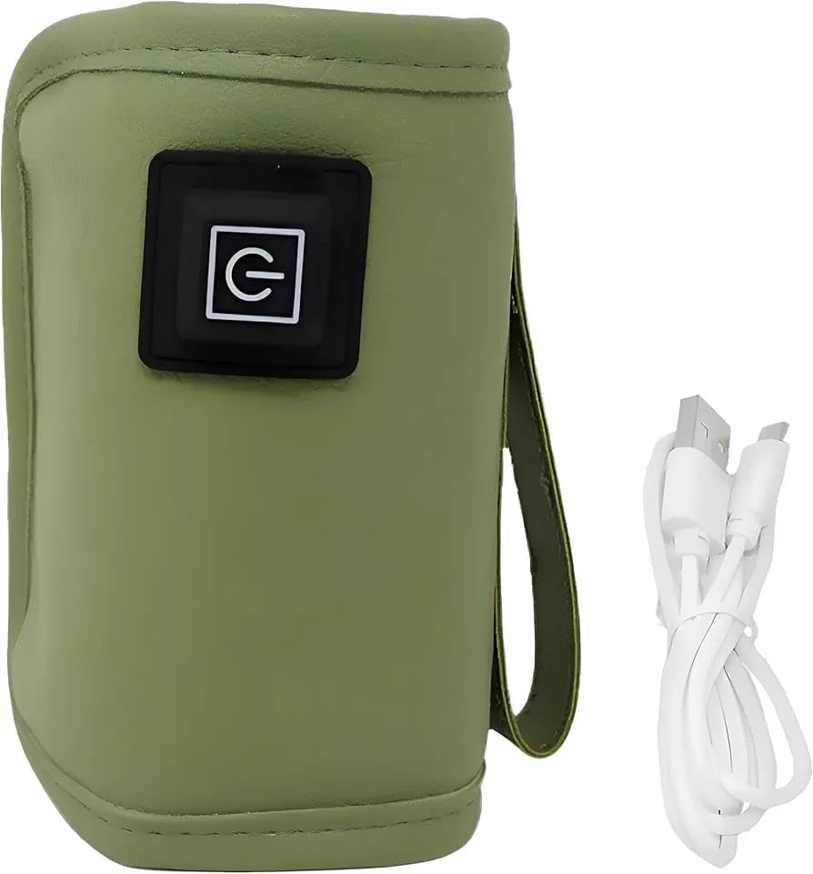 USB Baby Bottle Warmer, Faux Leather, Green, 14.5 x 7 cm, with Charging Cable