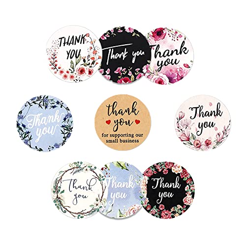 Thank You Stickers Round Labels Modern EIGHT Floral Style and ONE Kraft designs 1 inch 25.4 mm, for Envelope Greeting Cards Gifts Packing Supplies Total 27 Labels