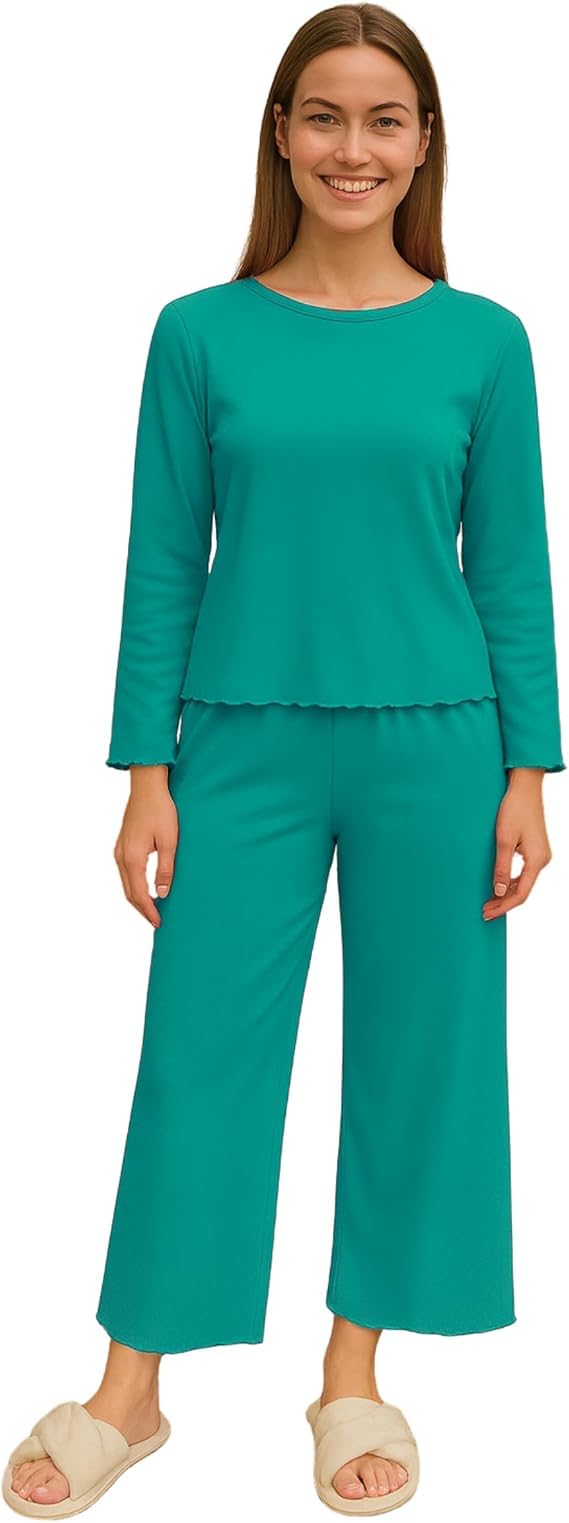 Women's Soft Knit Lounge Pajama Set, Long Sleeve Top & Wide-Leg Pants, Lightweight Sleepwear for Home, Relax, Travel