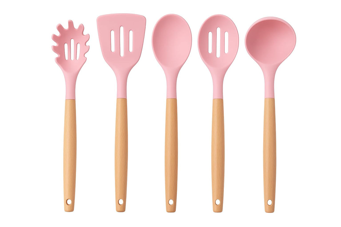 Silicone Kitchen Utensil Set - Heat Resistant to 446°F, Includes Ladle, Spatula, Turner, Spaghetti Spoon. Wooden Handles, Kitchen Utensil Set for Nonstick Cookware (BPA Free) (6 Pieces). (Pink)