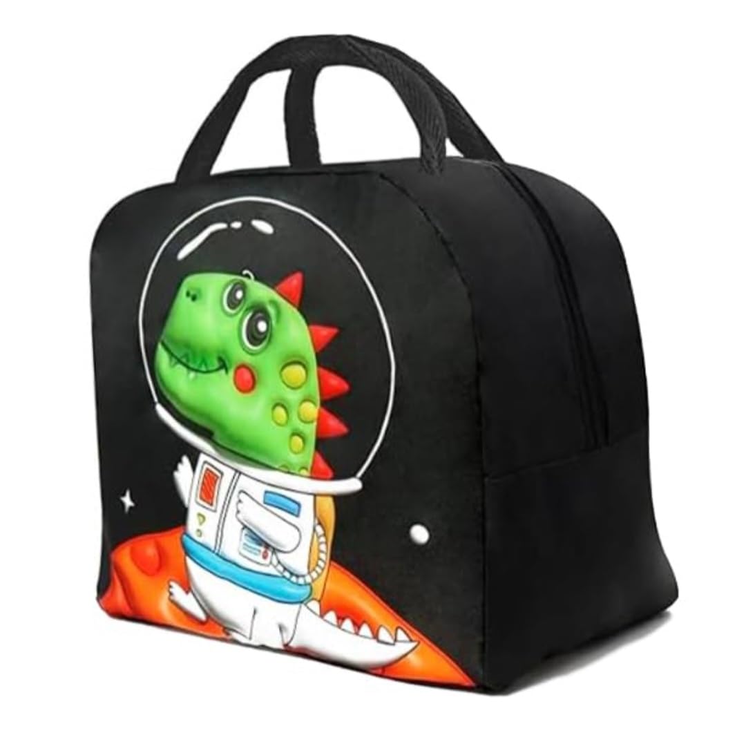 Downtown Children Dinosaur Space Insulated Lunch Bag, Black and Green Thermal Food Storage Tote for School and Travel, Waterproof Interior Lunch Box for Cold and Hot Meal Maintenance