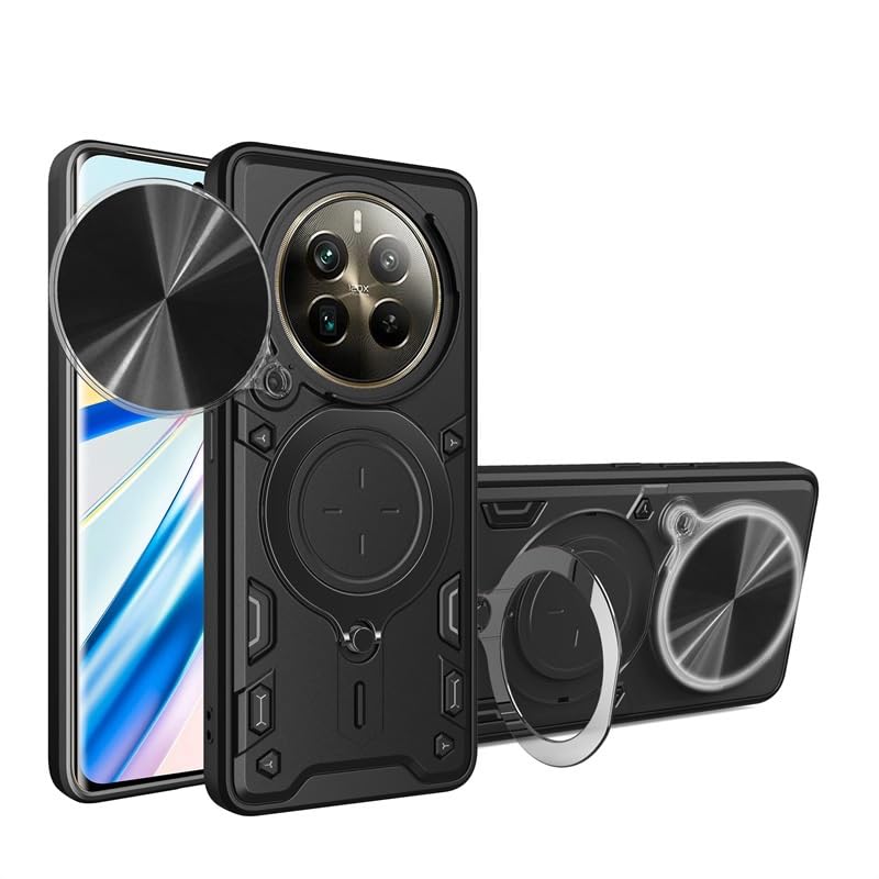 Compatible with Realme 12 Pro 5G / Realme 12 Pro Plus 5G Premium Protection Back Case with Camera Slide Cover Built-in Ring Stand Shockproof Case For with Realme P1 Pro 5G / Realme p1 pro (Black)