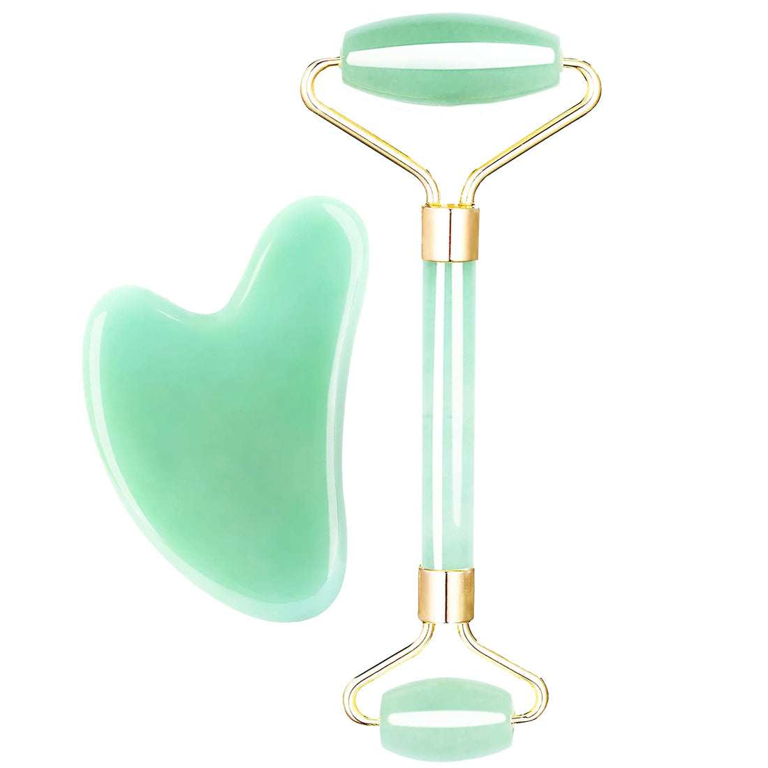Gua Sha Massage Facial Tool - Anti-Aging Jade Roller and Gua sha Set for Face, Eyes, Neck Body Skin Care - Natural Jade Stone Guasha Tool Set - Light Green