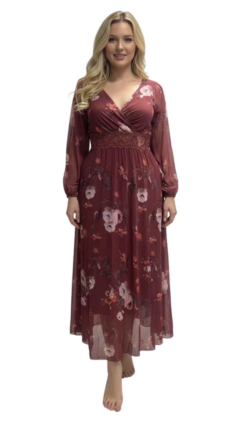 MANIKAN Women's Floral Maxi Dress, Black with Multicolor Print, V-Neck Long Sleeve, Elegant Evening Wear