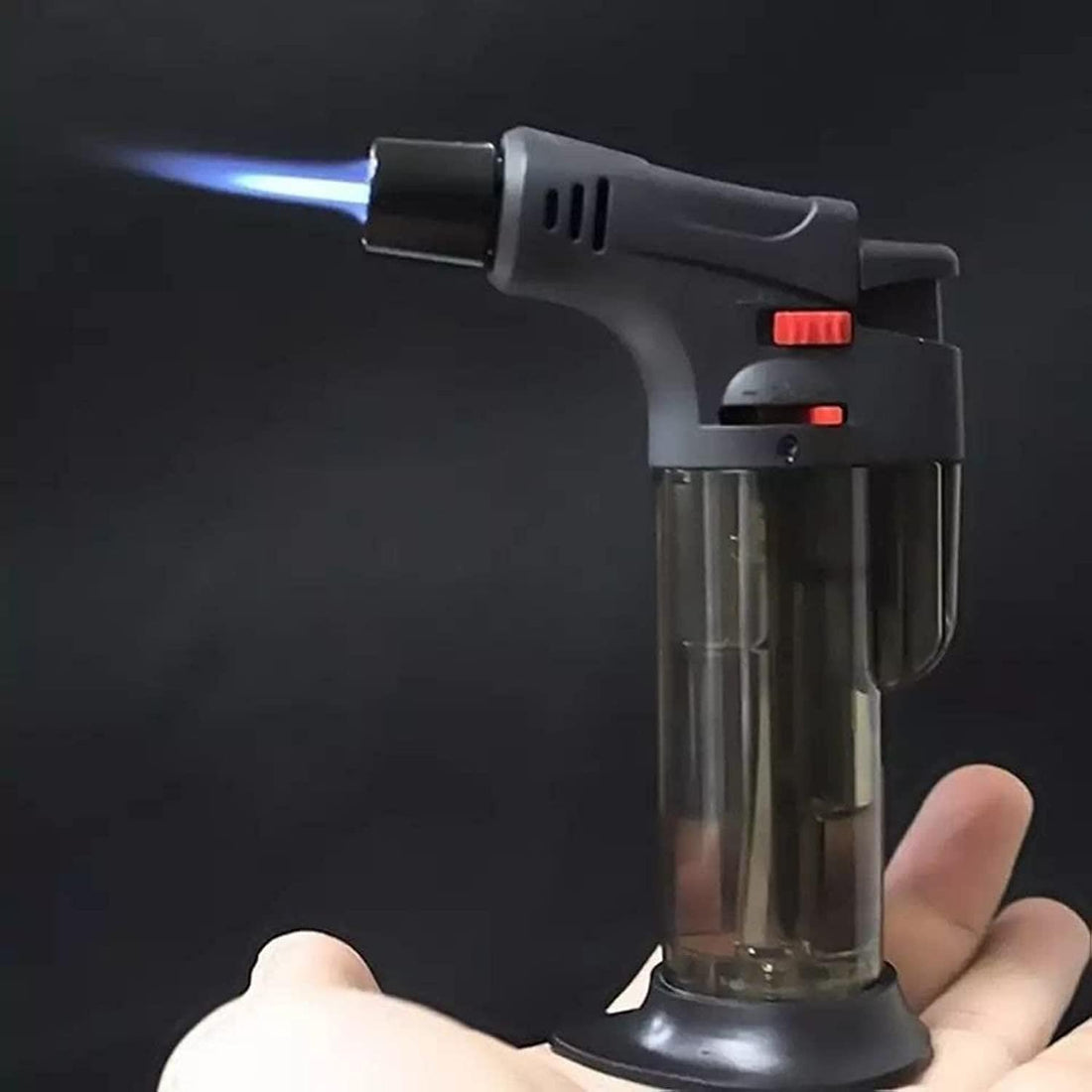 Butane Lighter - Industrial butane lighter with high or low flame regulation and a fixed clip, offering straightforward refilling and attachment methods, ideal for lighting grills, cigars,