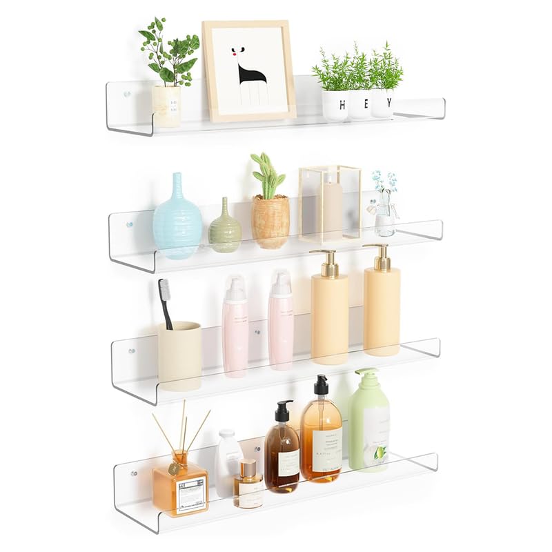 BEST MEDIA 4-Pack Transparent Acrylic Floating Shelves for your Wall, a 38.1 cm Bookshelf for Kids' Rooms, and a display shelf organizer- Modern - 4-Pack - Transparent