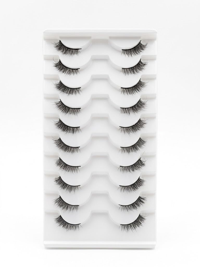 3D Clear Band HALF Lashes 1 Natural Soft Faux Mink Lashes Cat Eye Wispy Short Cross Reusable False EyeLashes 10 Pairs - (N-7)