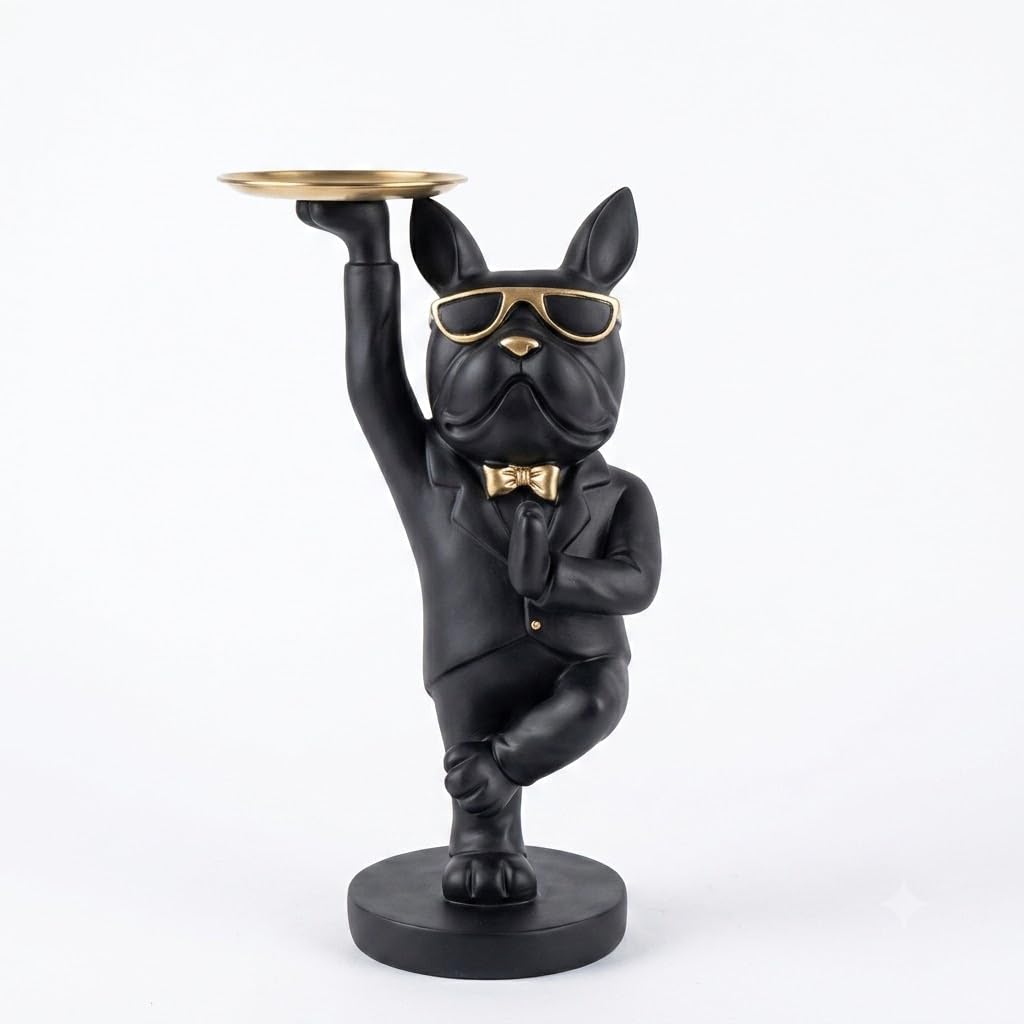 French Bulldog Butler Statue, Black and Gold, Resin Figurine, Tray Holder, Home Decor