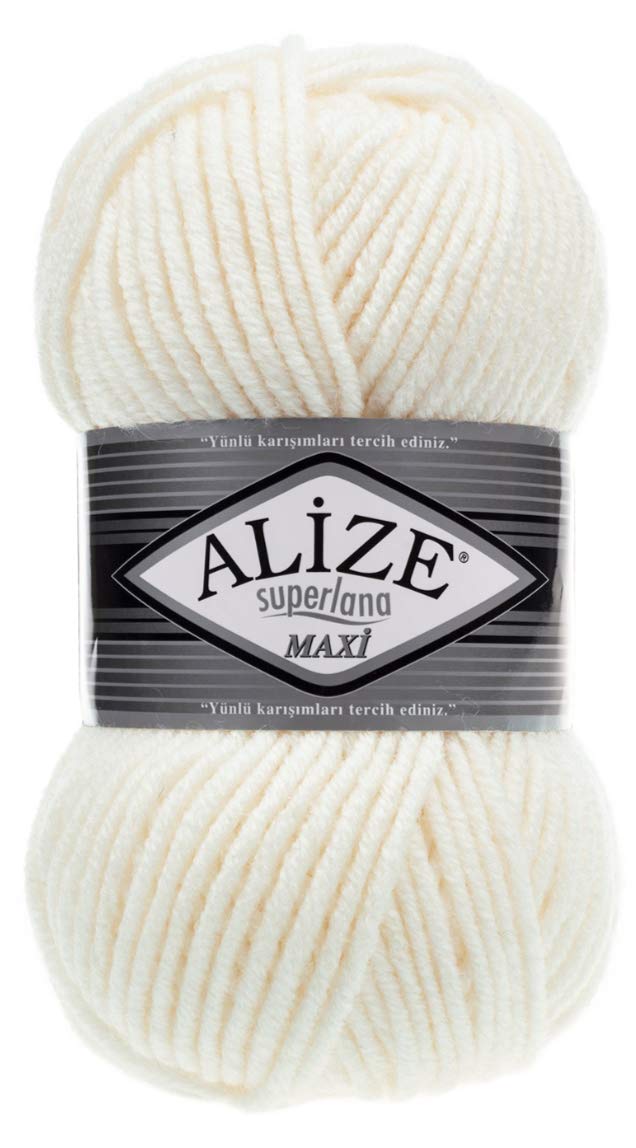 Alize Superlana Maxi 25% Wool - 75% Acrylic Lot of 4 Skein Yarn Thread Crochet Lace Hand Knitting Turkish Yarn 400gr 437 yds Color (62- Light Cream)