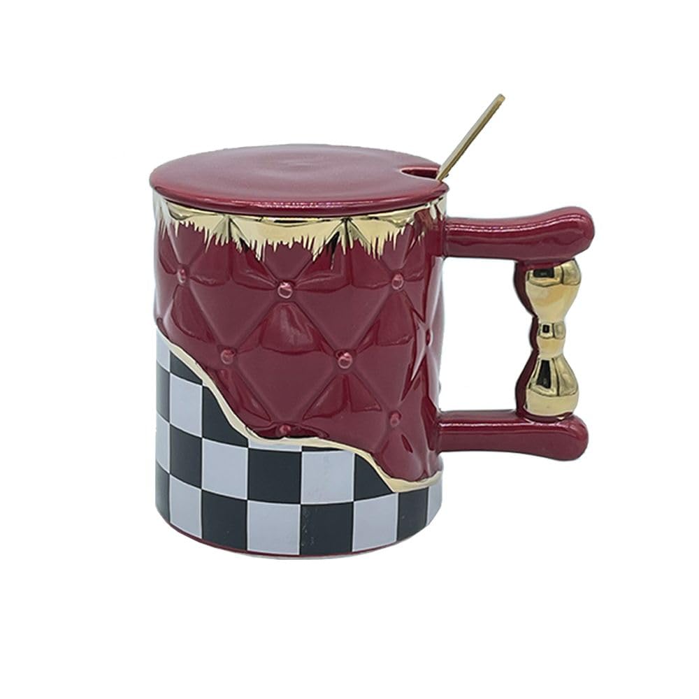 Squares Mug White * Black Porcelain Mug + Mug Cover + Stainless Spoon (Red)