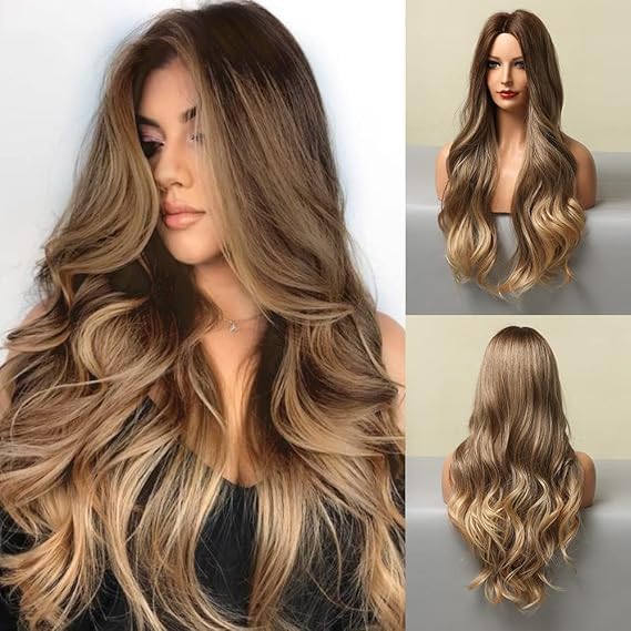 ECIF Ombre Brown Wigs Long Wavy Middle Part Synthetic Wigs for Women Daily Use