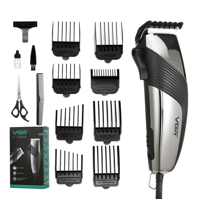 VGR V-121 Professional Hair Clipper with Self Sharpening Blades, 8 Guide Combs, Scissors, Comb, Taper Lever Adjustments for close cut trimming for men, Corded (Black)