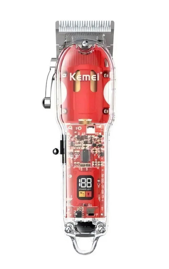Kemei KM-1761 Rechargeable Hair Clipper Barber Fade Hair Clippers Cordless Trimmer Transparent Cover Red Base