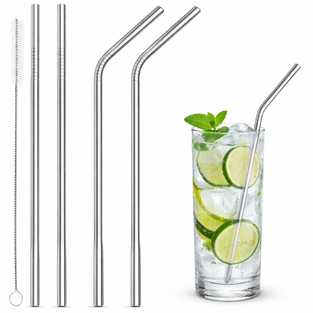 OVA Reusable Stainless Steel Drinking Straws – 4 Straws with Cleaning Brush, Wide Diameter for Tumblers and Cold Beverages