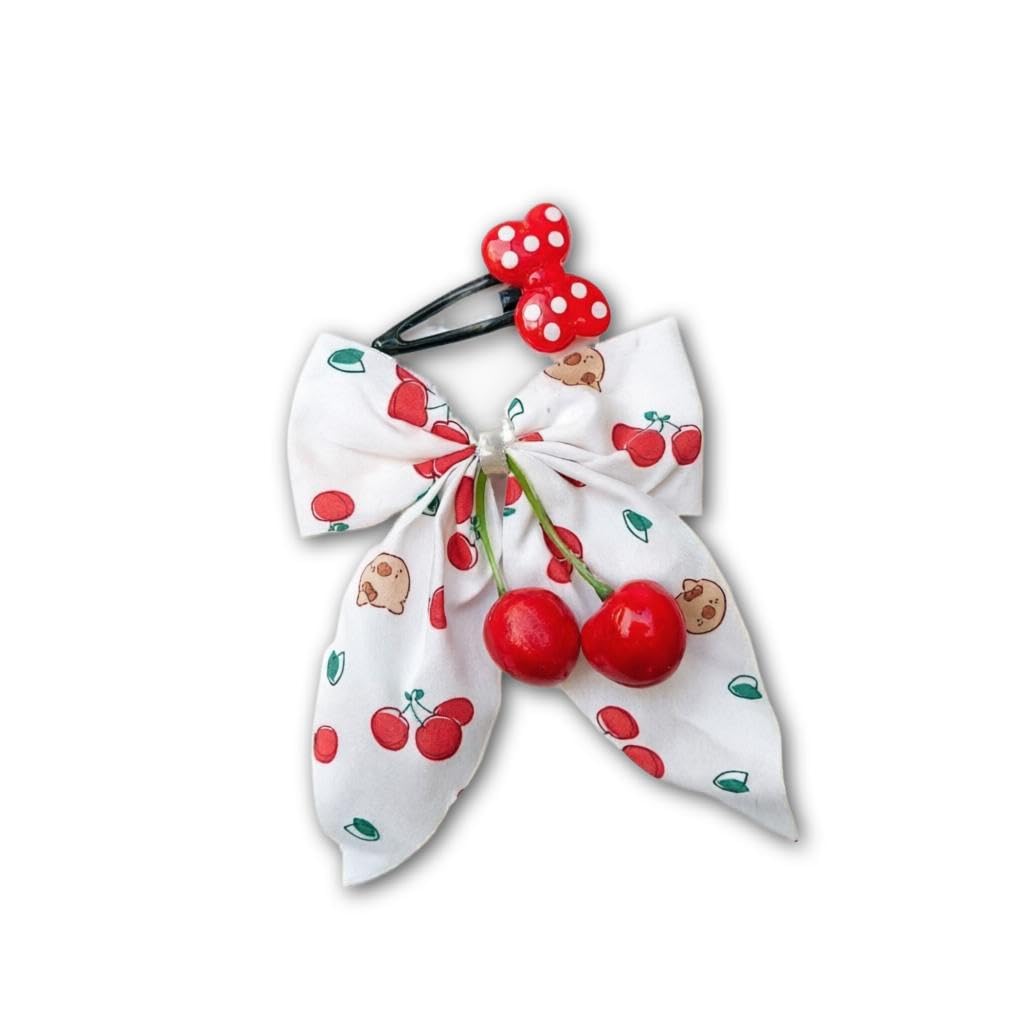 Bow Hair Accessories - White Cherry Print Fabric with Red Polka Dot Bow Snap Clip Sweet Style for Girls (1 piece)