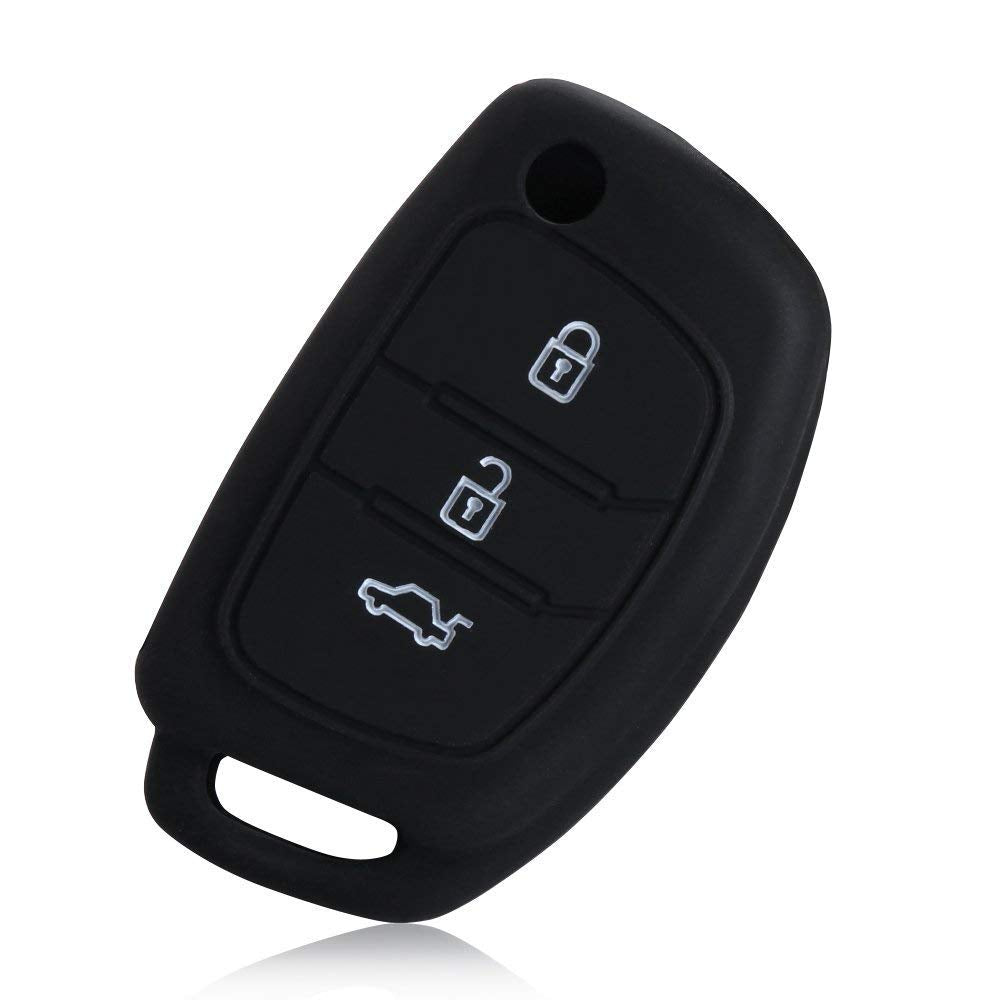 ACUTAS Silicone Car Key Cover for Hyundai ix35 iX45 iX25 i10 i30 HB20 Sonata,Verna,Solaris,Santa Fe,Elantra,Excent,i20 3 Button Flip Key Cover (Black)
