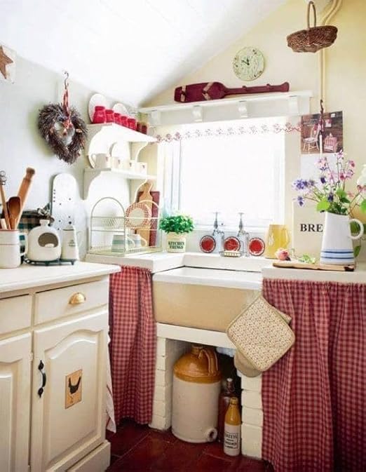 Plaid Under Sink Valances for Kitchen, Country Style Bistro Curtains ستائر منقوشة أسفل الحوض للمطبخ، ستائر بيسترو على الطراز الريفي