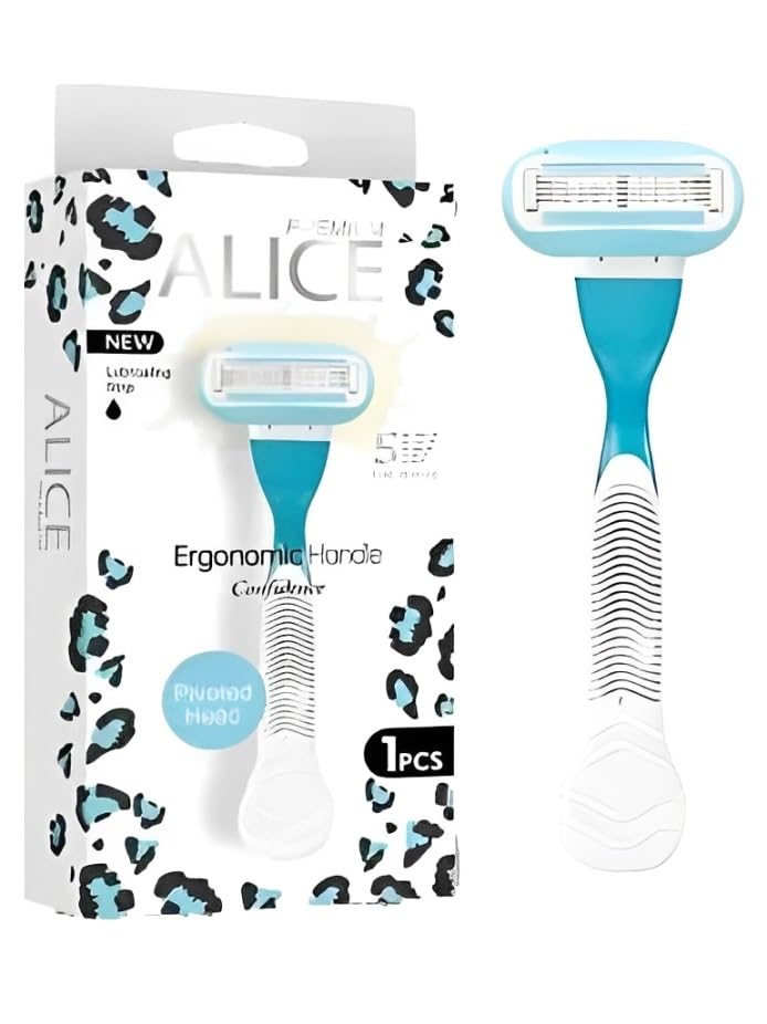 Alice - Razor For Women, Premium Alice, Ergonomic Handle, Pivoted Head, Confidence, New Lubricating Strip, 1 Piece, Baby Blue & White, For Dry Skin (Five Blade, Model - AS-24)
