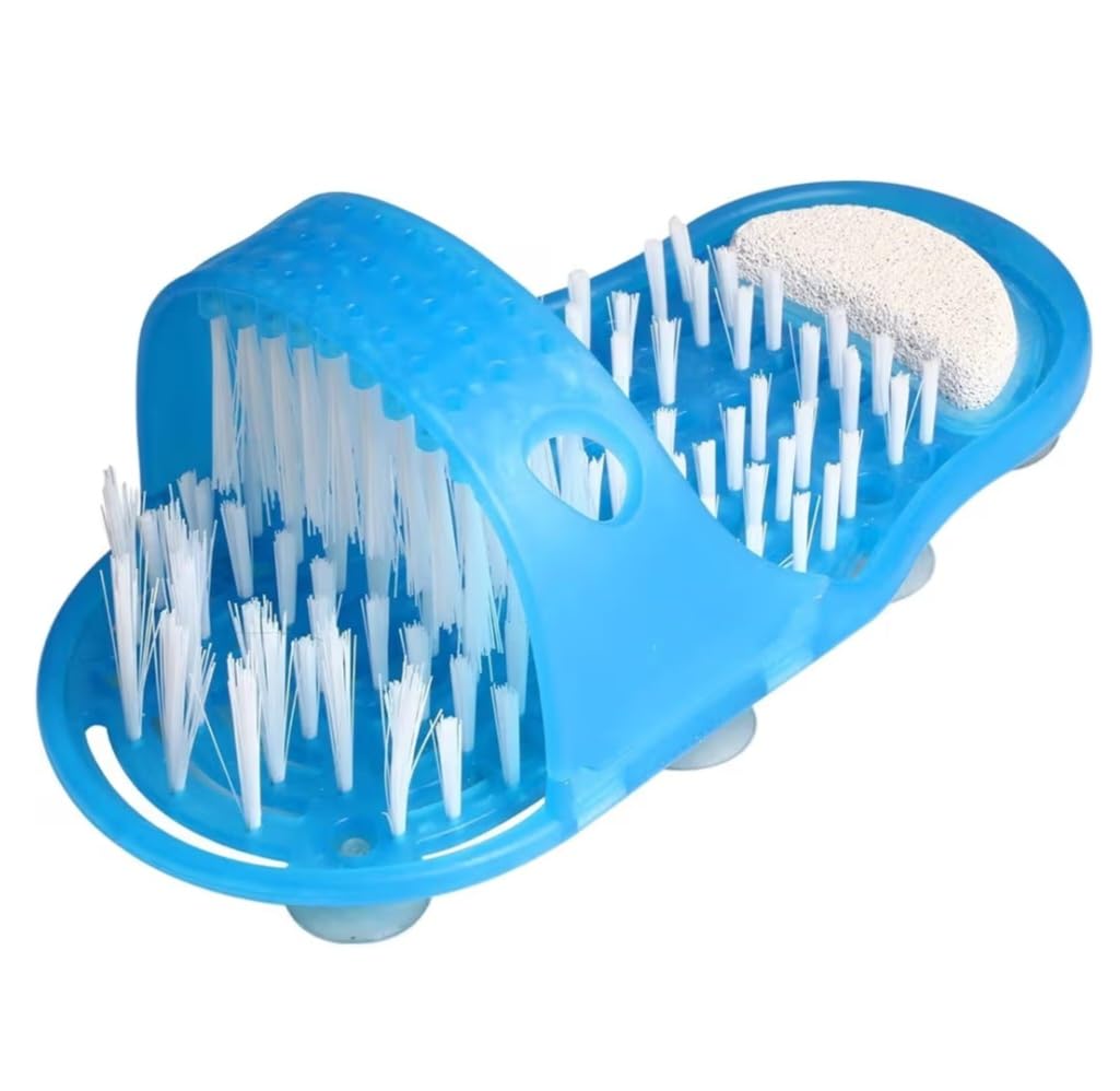 Downtown Dual-Layer Shower Foot Scrubber Brush, Blue Foot Cleaner with Massage Bristles and Non-Slip Base, Suction Cup Attachment for Floor, Exfoliating Scraper for Dead Skin and Callus Removal