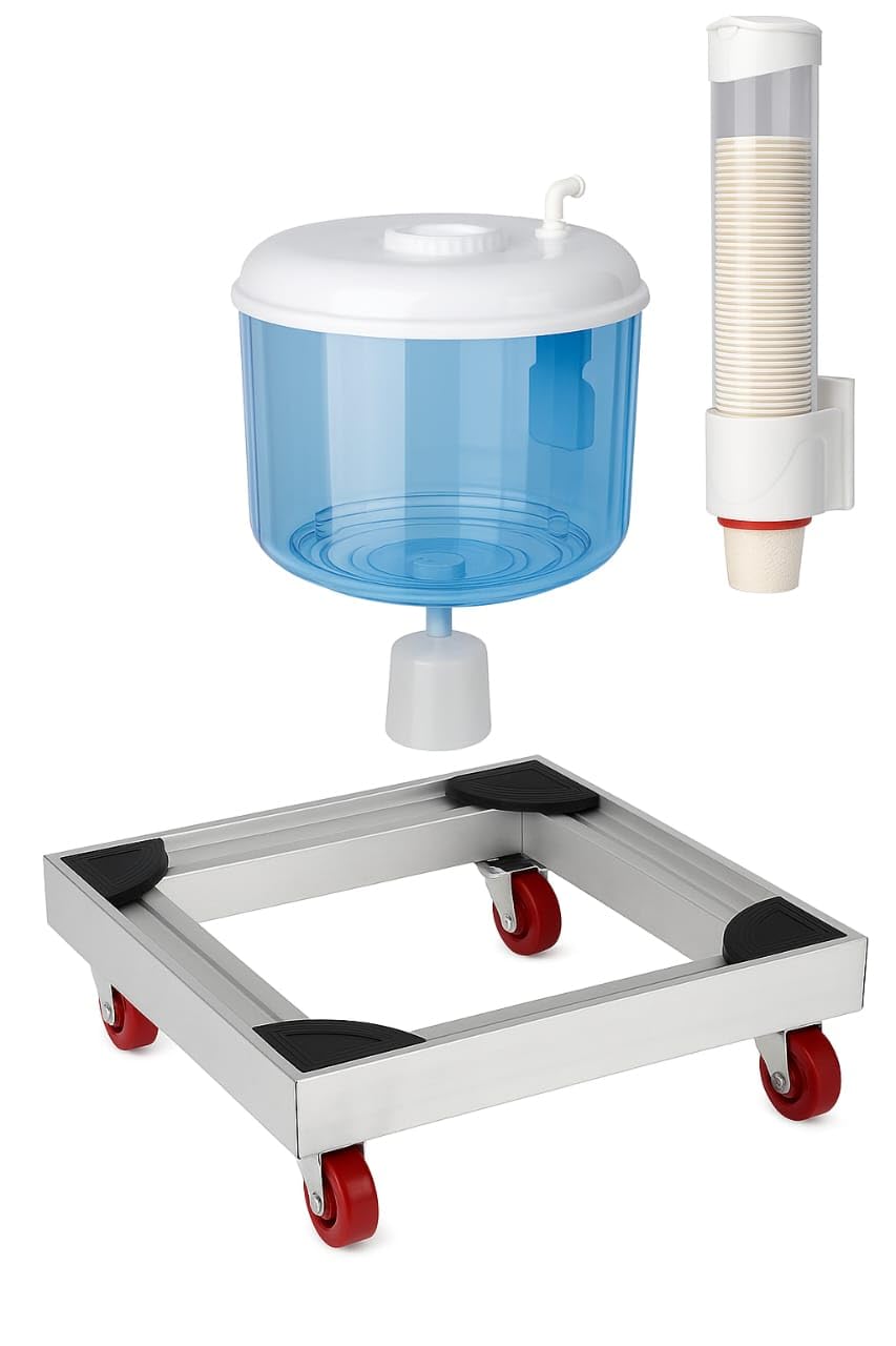 Water Bottle Direct Connect Automatic Water Filter for All Kinds of Water Coolers with 10m Hose Roll and T-Joint Easy Valve Teflon Reel with Cup Holder Aluminum Base Movable 4 Wheels