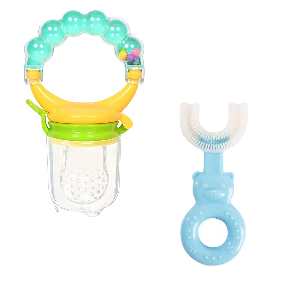 Rattle Nibbler & U Shape Toothbrush Combo | BPA-Free Silicone Rattle Nibbler & Toothbrush | Safe & Effective Baby Oral Care | Ideal for 0-12 Months (Green & Blue)