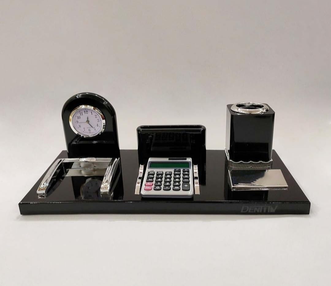 Premium Luxury 5-in-1 Desk Organizer Set - Professional Office Decor with Analog Clock, Calculator, Pen Holder & Memo Stand - Elegant Black & Silver Executive Stationery Set