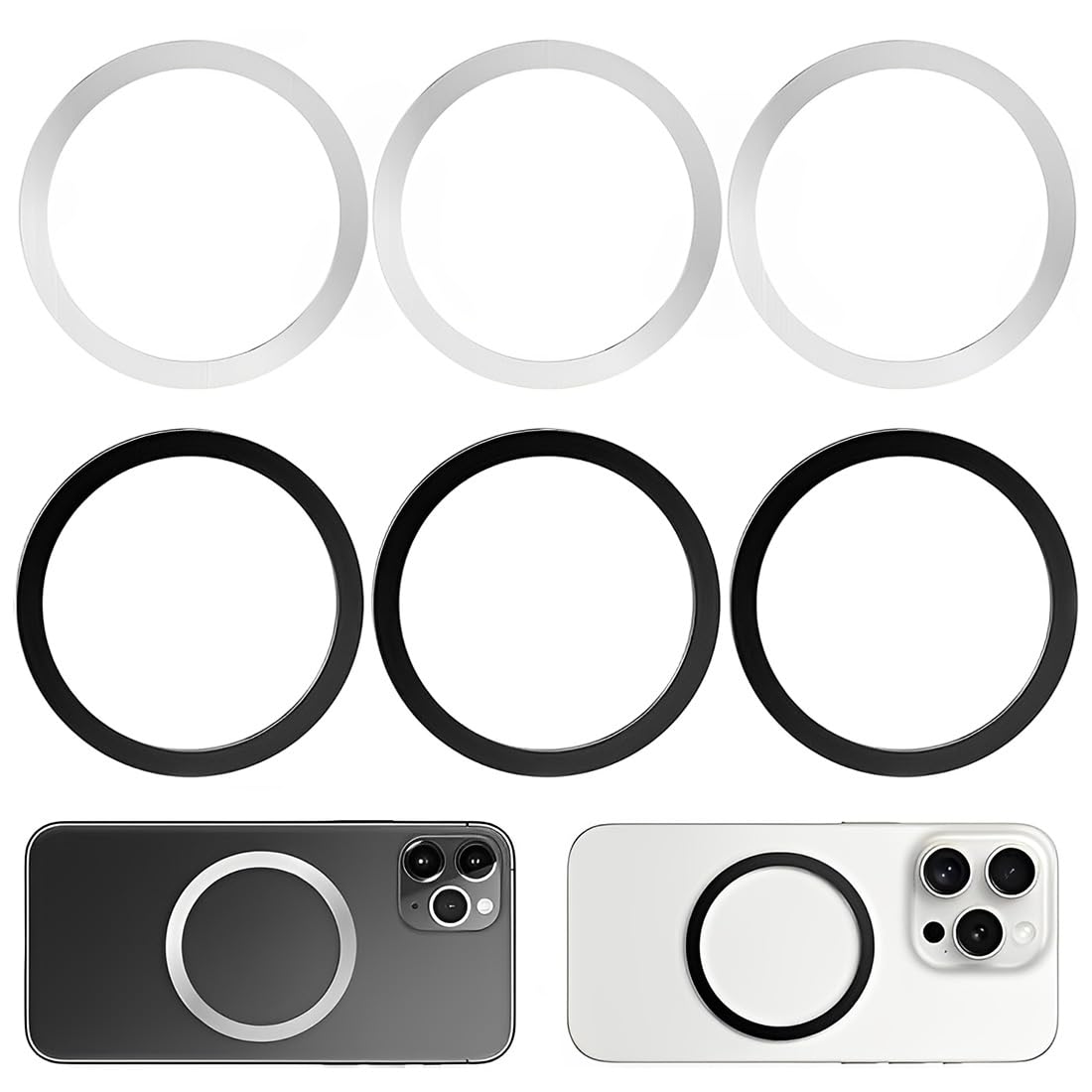 MagSafe Compatible Metal Cell Phone Plate, 6 Pack Metal Rings with Magnetic Charger Stickers, Magnetic Car Phone Holder, Black + Silver