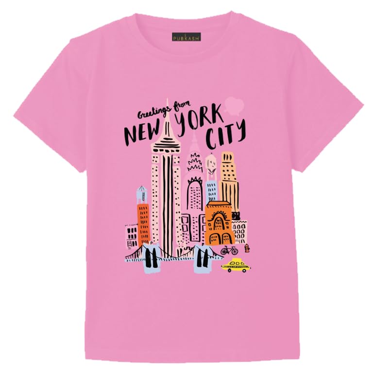 Girls Pink T-Shirt,Greetings from New York City Graphic Print, Short Sleeve Size(M)